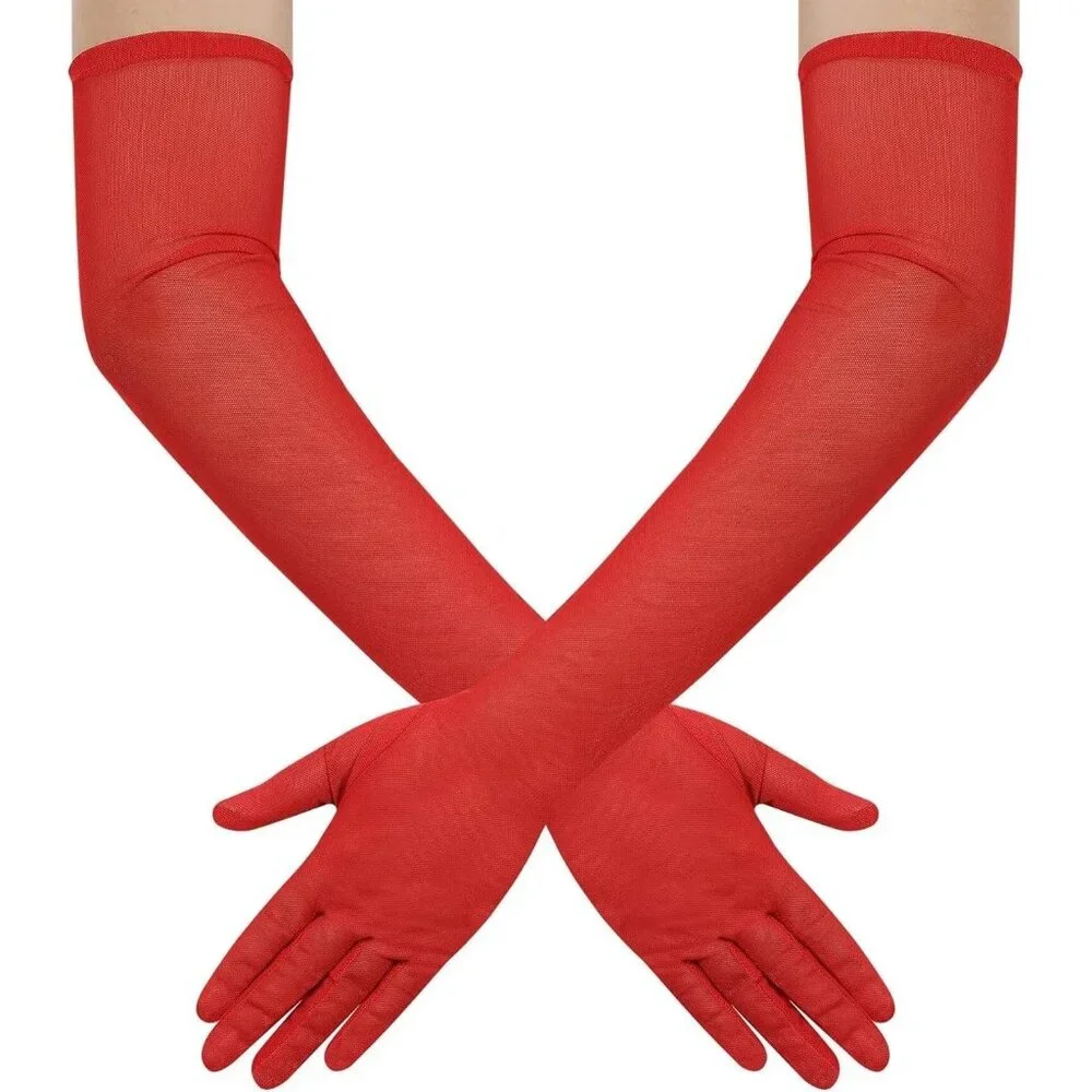 Women's Tulle Mesh Red Long Stretchy Gloves Halloween Party Wedding Costume